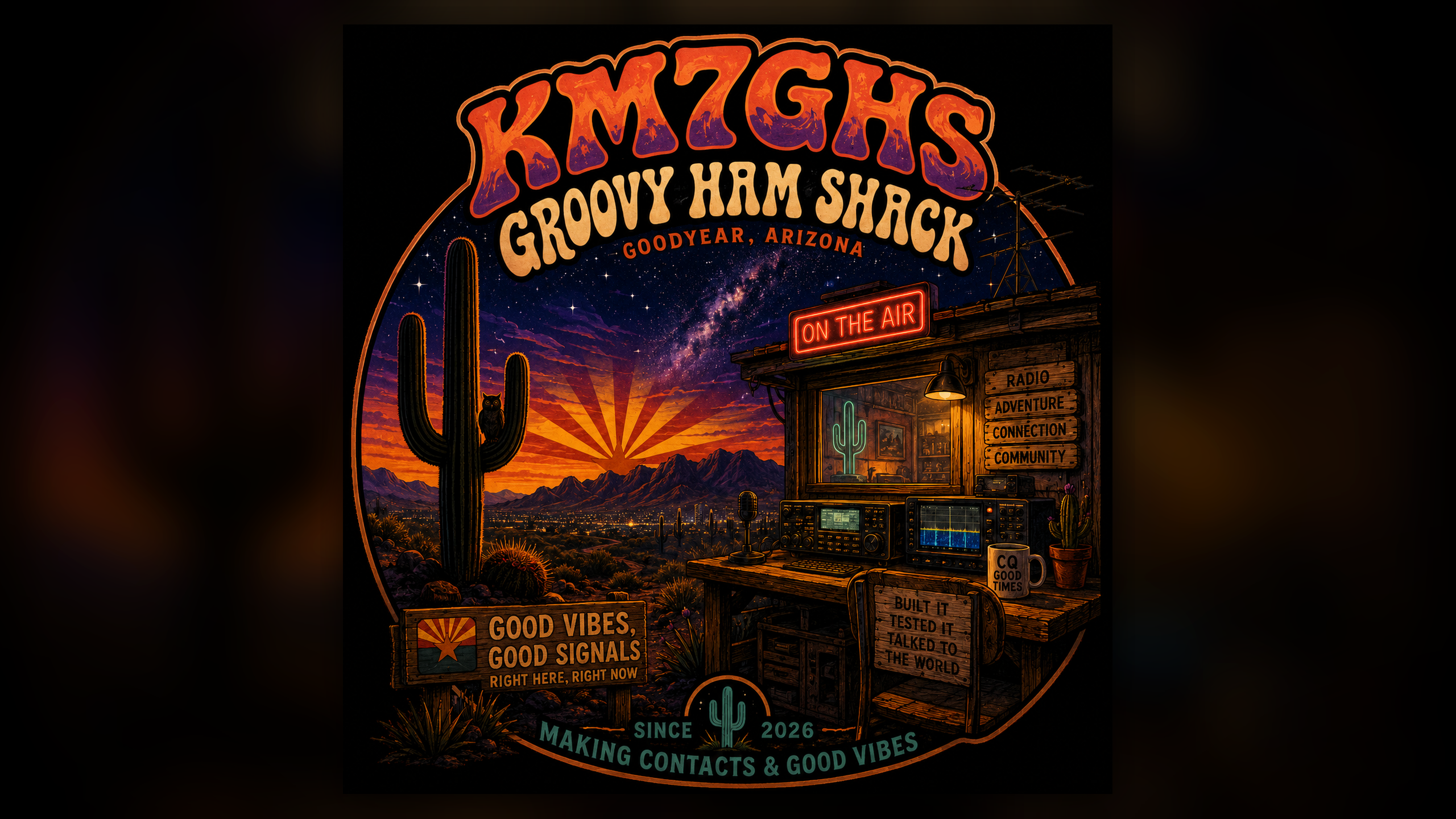 KM7GHS Groovy Ham Shack in Goodyear, Arizona: a desert sunset and starry sky, saguaro cactus, illuminated radio shack, and amateur radio equipment.
